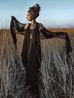 Elegant black draped long infinity dress, witch goth goddess
